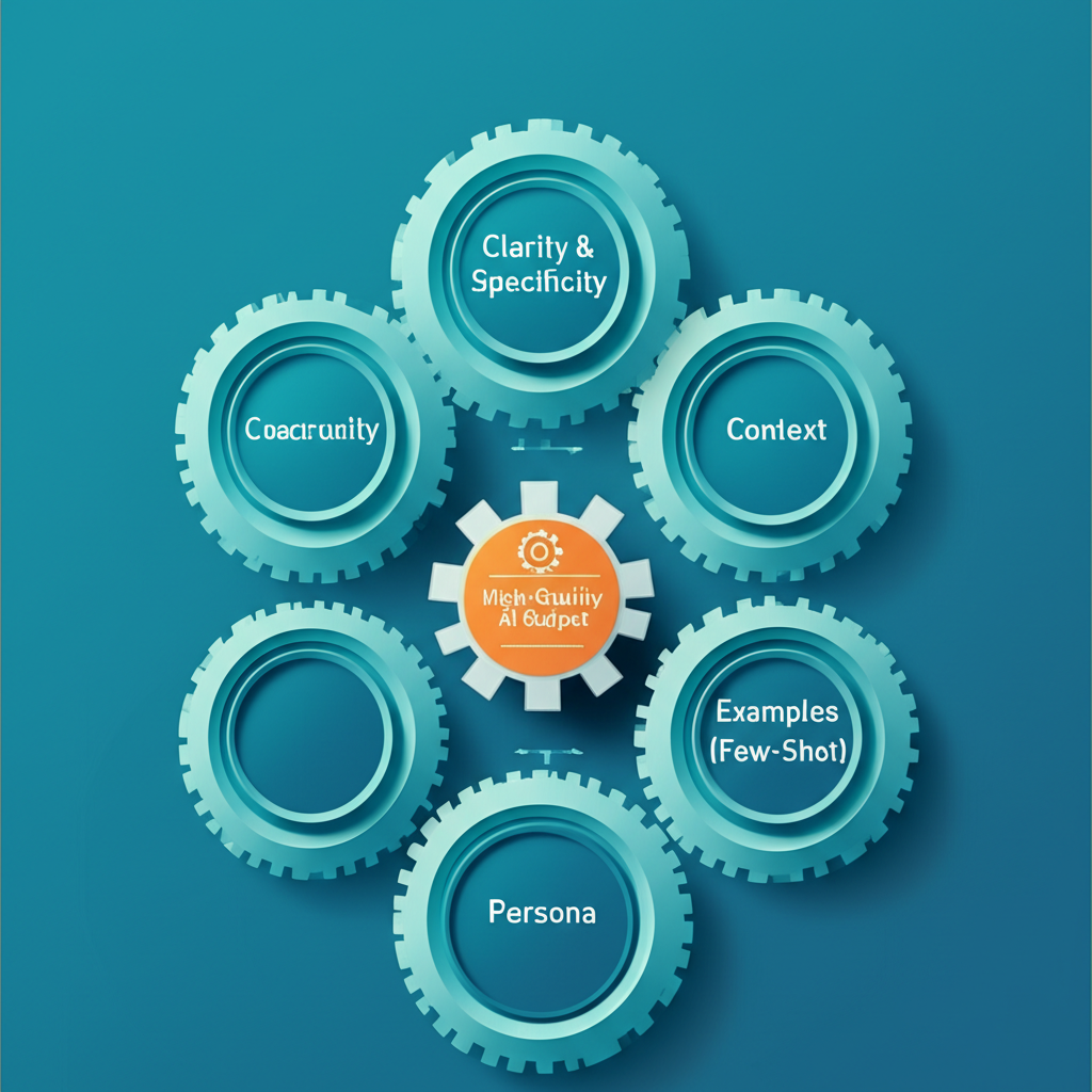 An infographic-style illustration visualizing the five core principles of effective AI prompts (Clarity, Context, Constraints, Examples, Persona) and how they lead to high-quality AI output.