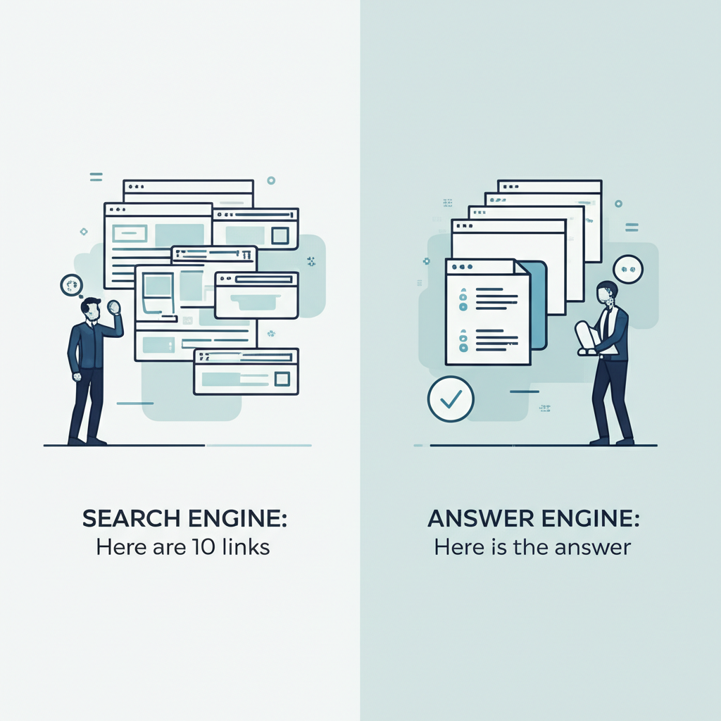 A split-panel diagram comparing a traditional search engine to Perplexity AI. The left side shows a user overwhelmed by a messy pile of books and links, labeled 'Traditional Search'. The right side shows a user receiving a single, neat, summarized report with citations, labeled 'Perplexity AI Answer Engine.'
