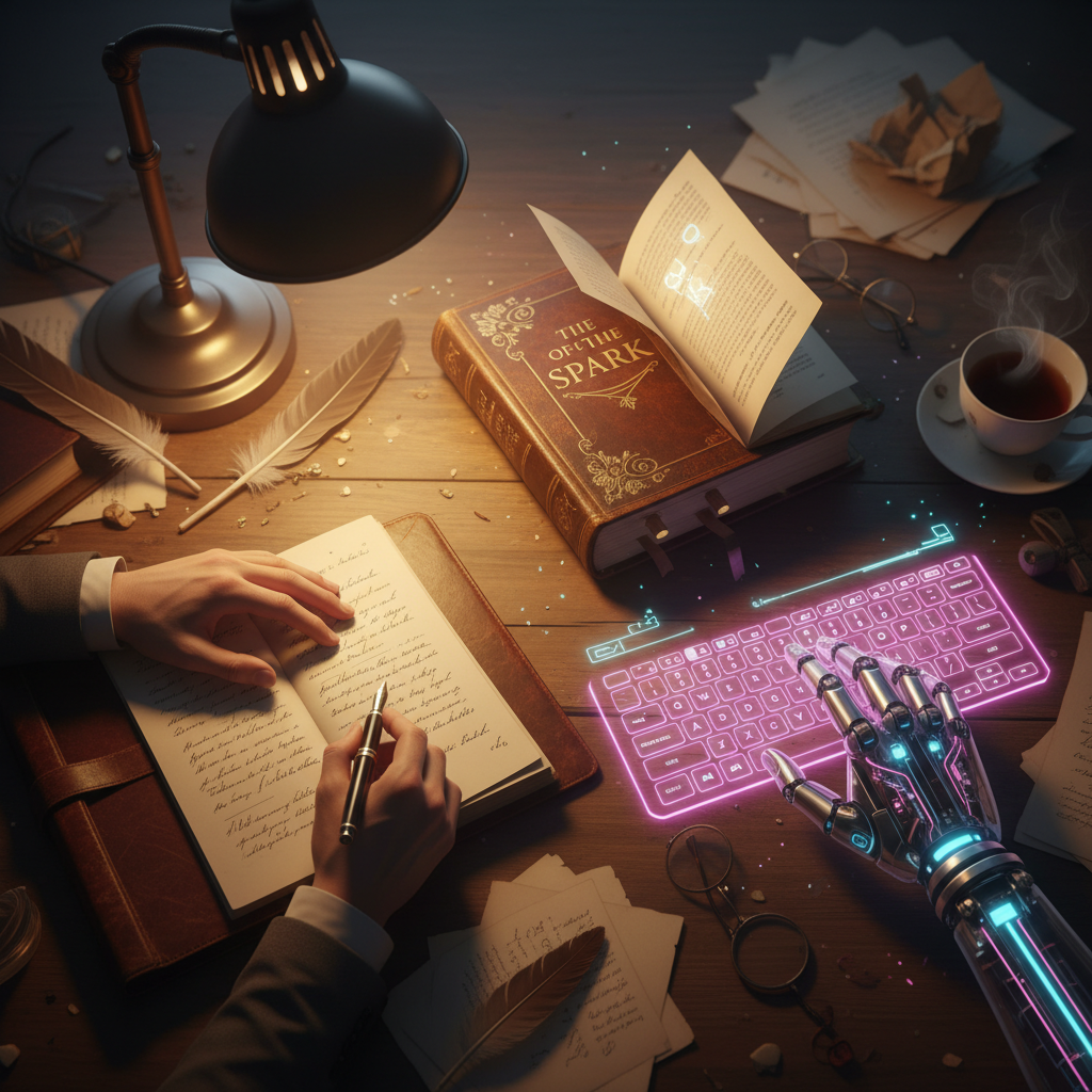 An illustration showing a human hand holding an ornate, old-fashioned key, while a glowing, digital hand offers the same key, symbolizing the AI providing the missing piece to unlock the writer's creative problem.