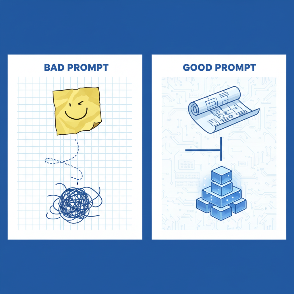 A split-screen diagram comparing a 'Bad Instruction' which is a scribbled note leading to confusion, versus a 'Good Instruction' which is a detailed blueprint leading to an impeccably structured, clean code snippet.