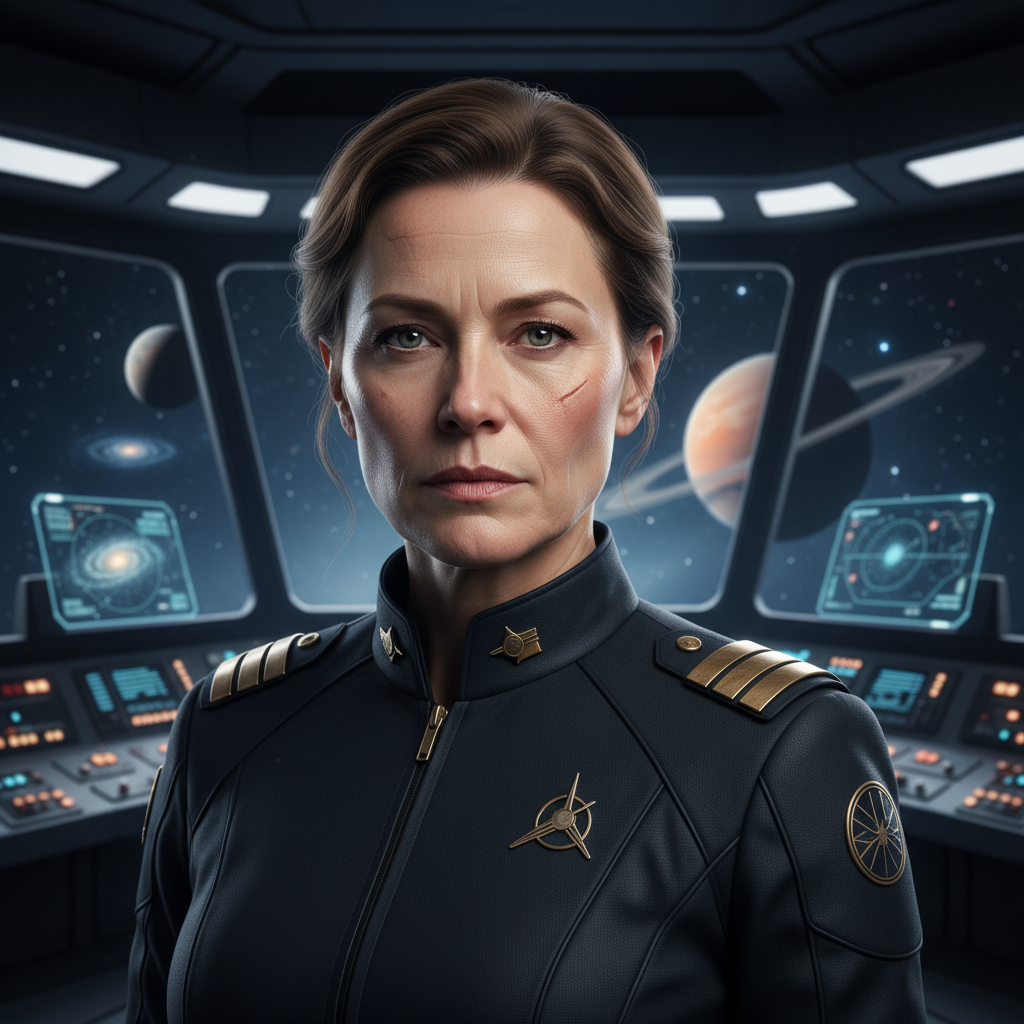 A photorealistic portrait of a stoic female spaceship captain with a determined expression, on the bridge of her ship.