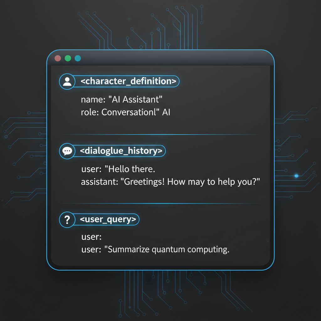 An illustration showing a master prompt structured with clear XML tags. The graphic highlights different sections like '<character_definition>', '<dialogue_history>', and '<user_query>' to make the concept of a structured, machine-readable prompt easy to understand at a glance.