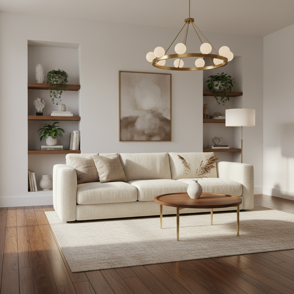 AI-generated image of a cozy, minimalist living room with specific materials
