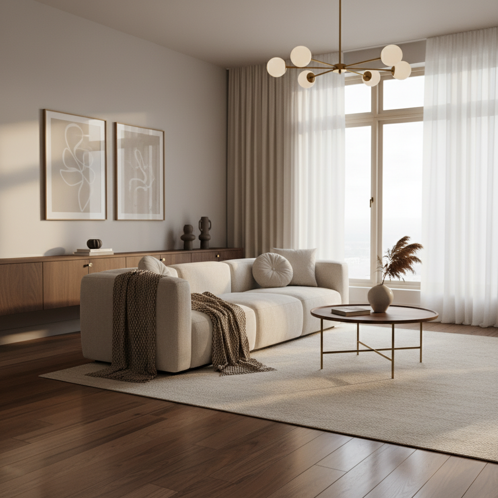 AI-generated image of a living room with specific lighting