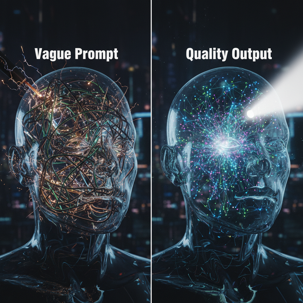 A diagram that visually represents the concept of Prompt Engineering, showing a human hand fine-tuning a set of gears connected to a glowing brain icon, symbolizing the systematic optimization of AI.